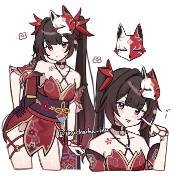 1girl akanbe bare_shoulders bell black_choker black_gloves breasts brown_hair chest_tattoo choker commentary_request criss-cross_halter cropped_legs dress expressionless eyelid_pull flower_tattoo fox_mask gloves halterneck highres honkai:_star_rail honkai_(series) inuchacha_inu long_hair looking_at_viewer mark_under_both_eyes mask mask_on_head multiple_views neck_bell o-ring o-ring_top red_dress red_eyes single_glove sparkle_(honkai:_star_rail) tattoo tongue tongue_out twintails twitter_username