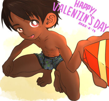 1boy child crouching dark_skin kombain male_focus nipples original smile solo underwear underwear_only
