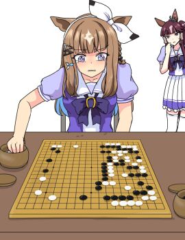 2girls almond_eye_(umamusume) animal_ears blue_eyes blunt_bangs board_game bow bow_hairband bowtie brown_hair colored_inner_hair crying crying_with_eyes_open ear_covers go_(board_game) hair_ornament hairband hairclip highres holding_go_stone horse_ears horse_girl horseshoe_ornament killerfurball12 long_hair looking_at_viewer lucky_lilac_(umamusume) multicolored_hair multiple_girls playing_games pleated_skirt puffy_short_sleeves puffy_sleeves purple_bow purple_bowtie purple_eyes purple_serafuku purple_shirt sailor_collar sailor_shirt school_uniform serafuku shirt short_sleeves side_ponytail sitting skirt solo_focus streaked_hair symbol-shaped_pupils tears thighhighs tracen_school_uniform umamusume white_hairband white_skirt white_thighhighs x-shaped_pupils