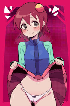 1girl @_@ absurdres blush breasts buzzlyears clothes_lift female_focus highres mayl_sakurai_(mega_man) mega_man_(series) mega_man_battle_network panties shiny_skin skirt skirt_lift small_breasts smile underwear white_panties