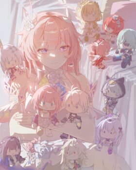 0429rian 1girl absurdres aglaea_(honkai:_star_rail) anaxa_(honkai:_star_rail) bare_shoulders bed breasts castorice_(honkai:_star_rail) cerydra_(honkai:_star_rail) character_doll chrysos_heirs_(honkai:_star_rail) cipher_(honkai:_star_rail) cyrene_(demiurge)_(honkai:_star_rail) cyrene_(honkai:_star_rail) cyrene_(philia093)_(honkai:_star_rail) diamond-shaped_pupils diamond_(shape) doll dress earrings hashtag-only_commentary highres holding holding_doll honkai:_star_rail honkai_(series) hyacine_(honkai:_star_rail) hysilens_(honkai:_star_rail) jewelry large_breasts long_hair mydei_(honkai:_star_rail) phainon_(honkai:_star_rail) pink_hair purple_eyes solo symbol-shaped_pupils tribbie_(honkai:_star_rail) very_long_hair white_dress