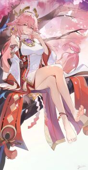 Rule 34 | 1girl, absurdres, animal ears, bare shoulders, barefoot, breasts, bullet-jiechan, chinese commentary, commentary request, crossed bangs, crossed legs, detached sleeves, falling petals, feet, floppy ears, fox ears, genshin impact, hair between eyes, hand up, highres, japanese clothes, large breasts, long hair, long sleeves, looking at viewer, nontraditional miko, outdoors, petals, pink hair, purple eyes, sitting, smile, solo, tassel, toes, very long hair, vision (genshin impact), wide sleeves, yae miko