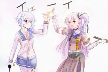 Rule 34 | 2girls, :d, black choker, brown jacket, brown skirt, choker, closed eyes, collared shirt, commentary request, contrapposto, facing another, grey hair, grey jacket, hair between eyes, hand up, high five, highres, holding, holding sword, holding weapon, itomi sayaka, jacket, katana, long hair, long skirt, long sleeves, looking at another, mashitono desu, motion lines, multiple girls, necktie, one side up, open mouth, orange necktie, origami family's elite guard uniform, parted lips, pink hair, pleated skirt, purple eyes, purple sailor collar, purple skirt, renpu girls school uniform, sailor collar, school uniform, shirt, short hair, simple background, skirt, smile, standing, sword, toji no miko, translation request, tsubakuro yume, weapon, white background, white shirt, winter uniform