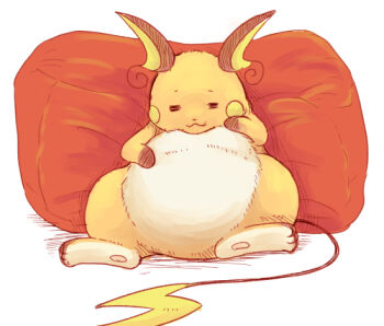 :3 =_= animal_focus bean_bag closed_eyes commentary_request fat gen_1_pokemon lowres nintendo no_humans orange_fur pokemon pokemon_(creature) pokemon_focus raichu simple_background sitting solo toraneko_(38) white_background