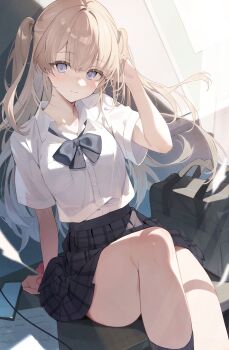 Rule 34 | 1girl, absurdres, bag, bilingual commentary, black bow, black skirt, blonde hair, blue eyes, blush, bow, breast pocket, breasts, character request, collarbone, collared shirt, commentary, commission, dress shirt, english commentary, hair tie, highres, long hair, loose clothes, loose shirt, lumo 1121, medium breasts, mixed-language commentary, paper, plaid clothes, plaid skirt, pleated skirt, pocket, school bag, scrunchie, shirt, sitting, skirt, solo, two side up, white shirt, wrist scrunchie