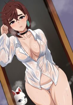 1girl ayase_momo breasts brown_hair dandadan earrings highres jewelry maneki-neko panties short_hair the_amazing_gambit turbo_granny_(dandadan) underwear wet