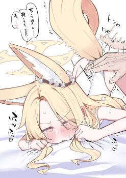 1girl 1other absurdres animal_ear_fluff animal_ears bed_sheet blonde_hair blue_archive blush bright_pupils cats_love_being_spanked ear_blush ear_ornament extra_ears forehead fox_ears fox_girl fox_tail furrowed_brow hair_ornament halo heart highres loli long_hair multicolored_eyes on_bed one-piece_swimsuit out_of_frame parted_bangs patting pink_eyes seia_(blue_archive) sheet_grab shiroron_mochi sidelocks slit_pupils spoken_heart sweat swimsuit tail top-down_bottom-up translation_request trembling two-tone_eyes uncommon_stimulation white_background white_one-piece_swimsuit white_pupils yellow_eyes yellow_halo