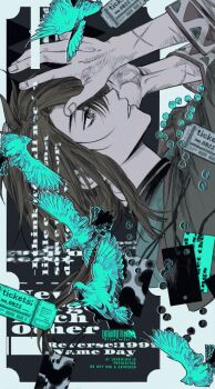 Rule 34 | 1boy, bird, black background, brown hair, cape, character name, copyright name, english text, green cape, gyujik qzc, hands up, highres, low ponytail, male focus, medium hair, name day (reverse:1999), ponytail, portrait, profile, reverse:1999, scar, scar on arm, sideways, ticket