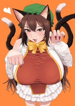 1girl aged_up alternate_hair_length_(longer) animal_ears bow bowtie breasts brown_hair cat_ears cat_tail chen clenched_hands commentary_request dress earrings extra_tails fang fingernails green_hat hat heart highres huge_breasts jewelry long_fingernails long_hair mob_cap ntama open_mouth orange_background paw_pose red_nails simple_background single_earring solo tail touhou white_dress yellow_bow yellow_bowtie