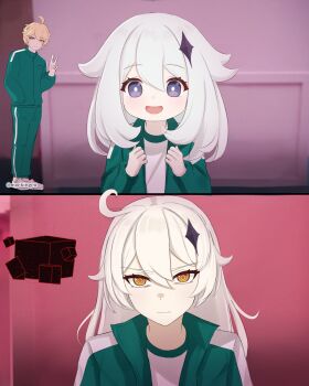 1boy 2girls aether_(genshin_impact) before_and_after blue_eyes genshin_impact highres long_hair meme mockingeu multiple_girls nedia_(nedia_region) paimon_(genshin_impact) squid_game track_suit asmoday_(genshin_impact) very_long_hair white_background year_1_&amp;_year_2_(squid_game)_(meme)