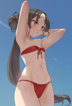 Rule 34 | 1girl, armpits, bikini, black hair, blue sky, brown eyes, commentary request, contrail, cowboy shot, flat chest, front-tie bikini top, front-tie top, hair bun, kantai collection, navel, nisshin (kancolle), ponytail, red bikini, sky, solo, strapless, strapless bikini, swimsuit, thick eyebrows, toka (marchlizard)