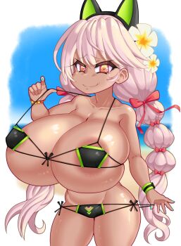 beach bikini braid breasts chloe_von_einzbern dark-skinned_female dark_skin highres huge_areolae huge_breasts loli oppai_loli swimsuit young_savage