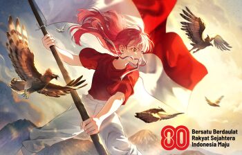 1girl bird commentary eagle flag highres holding holding_flag indonesia indonesian_commentary indonesian_flag indonesian_text long_hair mountain mountainous_horizon mouth_hold original pants pink_hair red_eyes red_shirt ribbon ribbon_in_mouth ros_e_8 shirt solo sun sunlight t-shirt white_pants