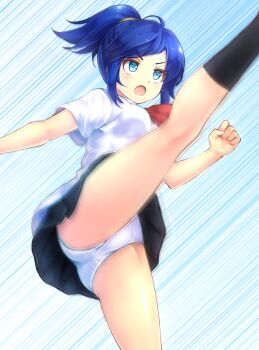 1girl black_skirt blue_eyes blue_hair commentary_request from_below high_kick high_ponytail jikkyou_powerful_pro_yakyuu kamiki_yui kicking kneehighs komimiyako motion_lines neckerchief open_mouth panties pantyshot ponytail power_pro_kun_pocket power_pro_kun_pocket_4 red_neckerchief school_uniform shirt short_sleeves skirt socks solo speed_lines underwear white_panties white_shirt
