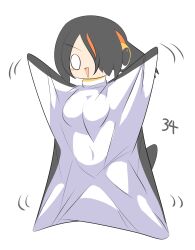 Rule 34 | 1girl, animal costume, arms up, black hair, breasts, commentary request, covered navel, emperor penguin (kemono friends), full body, hair between eyes, hair over one eye, headphones, kemono friends, large breasts, lets0020, long bangs, multicolored hair, numbered, o o, open mouth, orange hair, penguin costume, short hair, simple background, smile, solo, streaked hair, triangle mouth, v-shaped eyebrows, white background