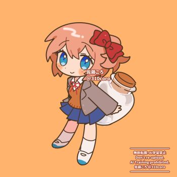 Rule 34 | 1girl, aqua eyes, blazer, blue eyes, blue skirt, blush, blush stickers, bottle, bow, chibi, chibi only, closed mouth, collared shirt, commentary request, cork, corked bottle, doki doki literature club, doki doki literature club school uniform, dot nose, eyelashes, full body, glass bottle, grey jacket, hair bow, holding, holding bottle, jacket, neck ribbon, no sclera, onaka1ta, open clothes, open jacket, orange background, orange vest, pink hair, red bow, red ribbon, ribbon, sayori (doki doki literature club), school uniform, shirt, shoes, short hair, simple background, skirt, smile, socks, solo, twitter username, vest, white shirt, white shoes, white socks