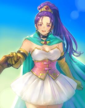 1boy 1girl blue_cape blush brown_gloves cape commentary_request corset dragon_quest dragon_quest_xi dress earrings elbow_gloves gloves hair_ornament high_ponytail highres holding_hands jewelry kimidori_(kimidoriri) long_hair looking_at_viewer pink_corset pleated_dress ponytail pov pov_hands purple_eyes roche_(dq11) senica_(dq11) short_dress sleeveless sleeveless_dress strapless strapless_dress white_dress yellow_gloves