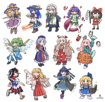 6+girls alice_margatroid alice_margatroid_(pc-98) alternate_costume apron ascot barefoot black_boots black_cape black_hair black_shoes blue_hair blue_kimono blue_skirt book boots bow bowl bowl_hat braid braided_ponytail brown_boots brown_hair bug butterfly cape capelet collared_shirt constellation_print crescent crescent_hat_ornament daiyousei dress fairy_wings fire flaming_sword flaming_weapon food frilled_skirt frills fruit fujiwara_no_mokou gohei green_bow green_eyes green_hair green_shirt green_shorts grey_hair hair_bow hair_over_one_eye hair_tubes hakurei_reimu hat hat_ornament hata_no_kokoro highres hinanawi_tenshi hitodama holding holding_food holding_fruit holding_gohei holding_mirror holding_sword holding_weapon horns iizunamaru_megumu insect izayoi_sakuya japanese_clothes kijin_seija kimono kirisame_marisa kirisame_marisa_(pc-98) maid_apron mask miko mirror multiple_girls one_eye_closed open_clothes open_kimono orange_skirt pants peach pink_eyes pink_hair plaid_clothes plaid_shirt pom_pom_(clothes) ponytail purple_dress purple_hair purple_sandals purple_shoes red_bow red_eyes red_pants red_suspenders sandals shirt shoes short_sleeves shorts single_horn skirt skirt_cutout sword tail tenkajin_chiyari tokin_hat touhou touhou_(pc-98) uzumaki_osushi waist_bow weapon white_hair white_kimono white_streaks wings witch_hat yagokoro_eirin yellow_ascot yellow_eyes