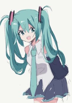 1girl :d aqua_eyes aqua_hair aqua_necktie bare_shoulders black_sleeves blue_skirt commentary detached_sleeves hair_between_eyes hair_ornament hatsune_miku long_hair looking_at_viewer necktie open_mouth shirt simple_background skirt smile solo symbol-only_commentary tagme twintails uyu075 vocaloid white_background white_shirt