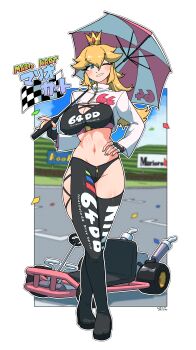 Rule 34 | 1girl, absurdres, alternate breast size (larger), artist name, bilingual text, black gloves, black leggings, black sports bra, blonde hair, blue eyes, blue gem, blurry, blurry background, blush, border, breasts, cleavage, cleavage cutout, clothes writing, clothing cutout, confetti, copyright name, crossed legs, crotch zipper, crown, dated, day, english text, female focus, fingerless gloves, gem, gloves, go-kart, grin, groin, hair flaps, hand on own hip, hand up, happy, highres, holding, holding umbrella, in-universe location, japanese text, large breasts, leggings, long hair, long sleeves, looking at viewer, mario (series), mario kart, mario kart 64, midriff, mini crown, mixed-language text, navel, nintendo, omura zojiki, one eye closed, outdoors, outline, outside border, over shoulder, princess peach, red gem, shrug (clothing), side cutout, sidelocks, signature, skindentation, smile, solo, sports bra, stomach, teeth, umbrella, watson cross, white border, white outline, white shrug, wink, yellow crown, zipper, zipper pull tab