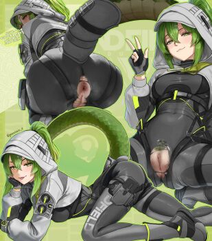 1girl absurdres anus arknights arknights:_endfield ass blush bodysuit commentary dgkamikaze english_commentary english_text female_pubic_hair fingerless_gloves fluorite_(arknights) gloves green_eyes green_hair hair_between_eyes high_ponytail highres hood hooded_shrug long_hair looking_at_viewer looking_back multiple_views ponytail pubic_hair pussy pussy_juice shrug_(clothing) snake_girl snake_tail tail tongue tongue_out torn_bodysuit torn_clothes uncensored v