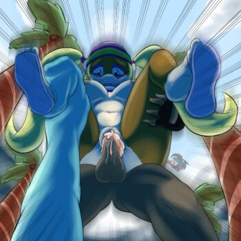 1boy 1girl ass beanie blonde_hair blue_eyes blue_sky breasts clitoris colored_skin cum cum_in_pussy cumdrip donkey_kong_(series) earrings ejaculation feet fingerless_gloves furry furry_female furry_with_non-furry gloves happy_sex hat hetero hoop_earrings interspecies jewelry jng-art jungle large_breasts long_hair monkey monkey_girl nature navel nintendo nipples nude pants_around_one_leg penis pussy pussy_juice reverse_suspended_congress sandals sex sex_from_behind shiny_skin sky spread_legs standing standing_sex straddling tiny_kong toes twintails vaginal very_long_hair wet