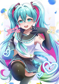 1girl 39 absurdres aqua_eyes aqua_hair aqua_neckerchief aqua_trim arm_tattoo black_gloves black_sailor_collar black_skirt black_thighhighs blush breasts commentary_request elbow_gloves gloves hair_between_eyes hair_ornament hatsune_miku highres long_hair looking_at_viewer medium_breasts miku_day miniskirt nar_029 neckerchief number_tattoo open_mouth pleated_skirt sailor_collar shirt skirt sleeveless sleeveless_shirt smile solo tattoo thick_thighs thighhighs thighs translation_request twintails very_long_hair vocaloid