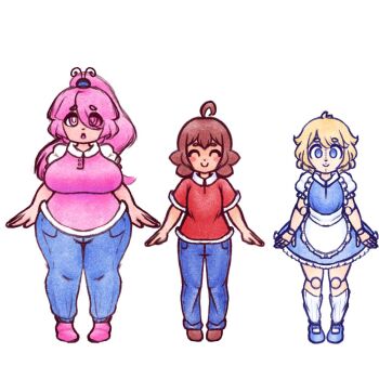 3girls ahoge ann_(thatartistann) apron blonde_hair blue_dress blue_eyes blue_pants blue_shoes blush_stickers breasts bright_pupils brown_hair brown_shoes buttons closed_eyes closed_mouth collared_shirt doll doll_girl doll_joints dress empty_eyes frilled_apron frilled_dress frills joints large_breasts long_hair maid maid_apron multiple_girls open_mouth original pants pink_eyes pink_hair pink_shoes plump pocket ponytail puffy_short_sleeves puffy_sleeves red_shirt shirt shoes short_hair short_sleeves simple_background smile stitched_face stitches thatartistann thick_thighs thighs white_apron white_background white_pupils white_sleeves white_trim wide_hips