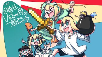 >_< 4girls :d amano_pikamee amano_pikamee_(1st_costume) amano_pikamee_(dinosaur_hoodie) amano_pikamee_(isekai) amano_pikamee_(voms_black) apron aqua_eyes aqua_hair aqua_nails baseball_cap black_hat black_shorts blonde_hair bright_pupils bug cat cauldron chibi colored_inner_hair commentary_request dinosaur_costume donut drawstring dress eating food food_in_mouth food_on_face golden_sword green_dress green_hoodie hanya_(hanya_yashiki) hat highres holding holding_spatula hood hood_up hoodie minecraft minecraft_sword multicolored_hair multiple_girls multiple_persona open_mouth orange_slippers sharp_teeth short_hair shorts slippers smile socks_(amano_pikamee) spatula spider sword teeth tomoe_(amano_pikamee) translation_request virtual_graduation_commemoration virtual_youtuber voms waist_apron water weapon white_apron white_pupils