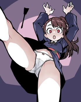 1girl akableak brown_hair highres kagari_atsuko little_witch_academia panties red_eyes solo underwear upskirt white_panties