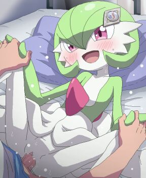 1boy 1girl blush bob_cut censored colored_skin commentary_request flat_chest gardevoir gen_3_pokemon green_hair green_skin hair_between_eyes happy happy_sex hetero holding_hands interspecies jaggy_lines lying mosaic_censoring multicolored_skin nintendo on_back open_mouth paid_reward_available penis pillow pokemon pokemon_(creature) pokephilia red_eyes sex short_hair smile solo_focus spread_legs sweat tomu_(tomubobu) two-tone_skin vaginal white_skin