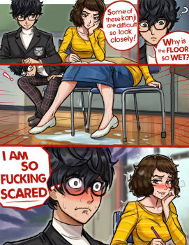 ! 1boy 1girl ? amamiya_ren biting_own_lip blush breasts comic female_focus glasses highres kawakami_sadayo medium_breasts neggoartz pencil persona persona_5 puddle pussy_juice short_hair sitting skirt speech_bubble sweat thought_bubble you_gonna_get_raped