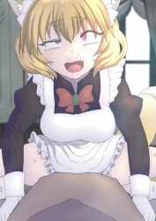 1boy 1girl ahegao animal_ear_fluff animal_ears animated apron assertive_female black_dress blonde_hair blush borrowed_character bow bowtie breasts clothed_sex covered_penetration cowgirl_position crazy_eyes cum cum_in_pussy curtains dress ejaculation fang female_orgasm fox_ears fox_tail frilled_apron frills girl_on_top gosu_mei_(sakifox) hetero highres indoors large_breasts long_sleeves looking_at_viewer maid maid_headdress open_mouth orgasm original penis penis_silhouette pink_eyes pov red_bow red_bowtie samon_shiu see-through_clothes see-through_silhouette sex silhouette sound spread_legs squatting_cowgirl_position straddling sweat tail video white_apron window yandere