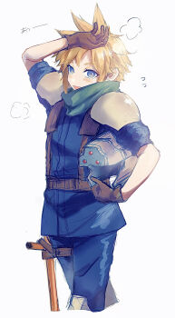 Rule 34 | 1boy, arm up, armor, baton (weapon), blonde hair, blue pants, blue shirt, blush, brown gloves, cloud strife, commentary request, crisis core: final fantasy vii, cropped legs, final fantasy, final fantasy vii, flying sweatdrops, gloves, green scarf, hand on own head, helmet, highres, holding, holding unworn helmet, knee pads, looking at viewer, male focus, nahogiisio, open mouth, pants, pauldrons, scarf, shinra infantry uniform, shirt, short hair, shoulder armor, simple background, smile, solo, spiked hair, steaming body, suspenders, unworn headwear, unworn helmet, weapon, white background