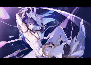 1girl absurdres arm_up armored_gloves armored_leotard blue_hair blue_pupils breasts closed_mouth colored_inner_hair commentary_request electricity floating floating_object floating_sword floating_weapon highres holding holding_sword holding_weapon honkai_(series) honkai_impact_3rd katana leotard letterboxed long_hair looking_at_viewer mask medium_breasts multicolored_hair multiple_swords purple_eyes purple_hair raiden_mei raiden_mei_(herrscher_of_origin) roena solo sword thighhighs weapon white_leotard white_thighhighs