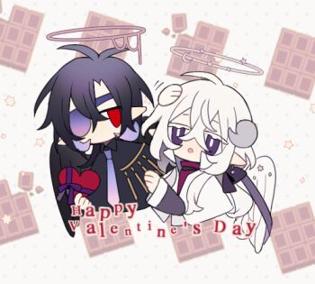 2boys animated animated_gif antenna_hair black_hair black_jacket black_wings bright_pupils capelet chinese_commentary chocolate collared_shirt commentary_request crescent grey_horns halo hand_on_another's_head happy_valentine headpat heart holding holding_heart horns ikunsleep jacket jitome long_hair long_sleeves lowres male_focus multiple_boys necktie open_mouth original pointy_ears purple_eyes purple_necktie red_eyes red_shirt shirt valentine white_capelet white_hair white_pupils white_wings wings