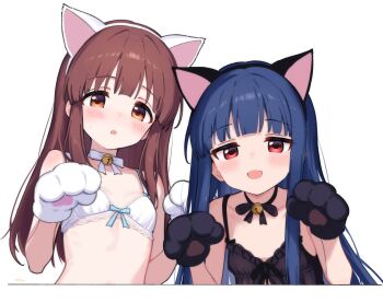 2girls animal_ears animal_hands babydoll bell blue_hair blush bra breasts brown_hair cat_ears fake_animal_ears flat_chest gloves highres idolmaster idolmaster_cinderella_girls jia_wenyuan long_hair looking_at_viewer multiple_girls neck_bell ogata_chieri orange_hair paw_gloves red_eyes sajo_yukimi small_breasts underwear upper_body white_bra