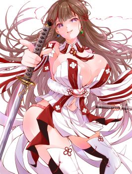 +_+ 1girl absurdres blue_eyes blush breasts brown_hair chinese_knot cleavage closed_mouth crested_ibis detached_sleeves dual_wielding earrings flower-shaped_pupils frontless_outfit hair_ornament hair_rings hairpin highres holding huge_breasts japanese_clothes jewelry long_hair looking_at_viewer multicolored_hair multiple_hairpins navel neck_tassel open_mouth pink_pupils pointing pointing_at_viewer red_hair red_streaks revealing_clothes reverse_grip ryou.r senran_kagura senran_kagura_new_link skindentation smile solo stomach streaked_hair symbol-shaped_pupils tassel toki_(senran_kagura) very_long_hair