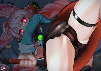 1girl :3 accessories ahoge animal_ear_fluff animal_ear_piercing animal_ears ass black_panties blush braid bright_pupils cameltoe crotch_seam dark ear_piercing furry furry_female glowing glowing_eyes gluteal_fold green_shirt gurin_(glin720) hair_ornament highres holding holding_sword holding_weapon lace lace_panties large_hands light_trail long_hair long_sleeves looking_at_viewer medallion miniskirt panties pantyshot piercing pink_hair rabbit_ears rabbit_girl rabbit_tail red_eyes screw shirt short_eyebrows signature skirt solo spread_legs sword tail thick_eyebrows thigh_strap twin_braids underwear upskirt weapon white_fur white_pupils zenless_zone_zero zhao_(zenless_zone_zero)