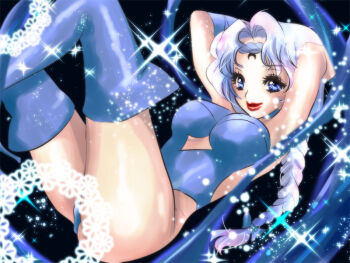 Rule 34 | 1990s (style), 1girl, beruche (sailor moon), bishoujo senshi sailor moon, bishoujo senshi sailor moon r, blue eyes, braid, breasts, cleavage, female focus, gloves, happy, leotard, retro artstyle, smile, solo, thighhighs, white hair