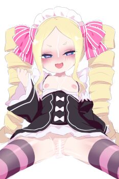 1girl after_vaginal aftersex beatrice_(re:zero) blonde_hair blue_eyes blush bottomless butterfly-shaped_pupils censored cum cum_in_pussy cumdrip drill_hair female_focus flat_chest hair_ribbon half-closed_eyes highres kukuchi581 loli looking_at_viewer maid maid_headdress nipples no_panties pussy re:zero_kara_hajimeru_isekai_seikatsu ribbon saliva simple_background sitting smile solo striped_clothes striped_thighhighs symbol-shaped_pupils thighhighs tongue tongue_out twin_drills white_background