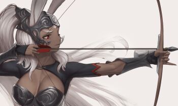 1girl animal_ears black_sleeves bow_(weapon) breasts breasts_apart collarbone commentary dark-skinned_female dark_skin drawing_bow english_commentary final_fantasy final_fantasy_xii forehead_protector fran_(ff12) helmet highres holding holding_bow_(weapon) holding_weapon large_breasts long_hair looking_to_the_side numanoan painterly parted_lips ponytail red_eyes simple_background solo upper_body weapon white_background white_hair