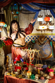 1girl asian belly belly_dancer black_hair breasts chouzuki_maryou cleavage highres large_breasts lipstick makeup photo_(medium) plump solo thick_thighs thighs underboob