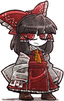 1girl @_@ amulet ascot blush blush_stickers boots bow brown_boots brown_hair chibi chibi_only collar detached_sleeves dress frills frown hair_bow hair_tubes hakurei_reimu holding medium_hair ponytail red_bow red_dress red_eyes simple_background standing suenari_(peace) touhou white_background white_collar yellow_ascot