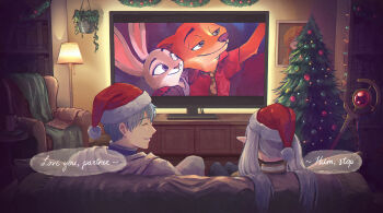 1boy 1girl black_pantyhose blue_hair blue_jacket bytekun capelet christmas christmas_tree christmas_wreath cloak closed_eyes crossover cup elf english_text facing_away flamme_(sousou_no_frieren) frieren from_behind gold_trim grey_hair grey_pants hanging_plant hat highres himmel_(sousou_no_frieren) indoors jacket judy_hopps lamp long_hair merry_christmas nick_wilde pants pantyhose parted_lips picture_frame pointy_ears portrait_(object) santa_hat short_hair smile sousou_no_frieren staff twintails watching_television white_capelet white_cloak wreath zootopia