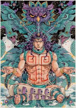 1boy abs absurdres aqua_loincloth aqua_sandals araki_hirohiko_(style) battle_tendency bird bodypaint bracelet commentary earrings english_commentary feather_hair_ornament feathers hair_ornament highres horns jewelry jojo_no_kimyou_na_bouken kars_(jojo) loincloth long_hair makeup male_focus manly muscular muscular_male owl painting_(medium) pelvic_curtain purple_hair purple_nails red_eyes sandals sitting snake solo topless_male traditional_media watercolor_(medium) xfkart yellow_eyes yellow_lips