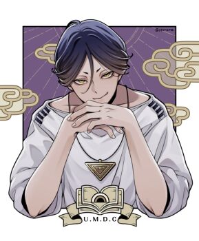 030ravie 1boy blue_hair book closed_mouth cloud commentary_request copyright_name hair_between_eyes hands_up looking_at_viewer male_focus meguriya_ayumu own_hands_together purple_background shirt short_hair short_sleeves smile solo toshi_densetsu_kaitai_center triangle_necklace upper_body white_shirt yellow_eyes