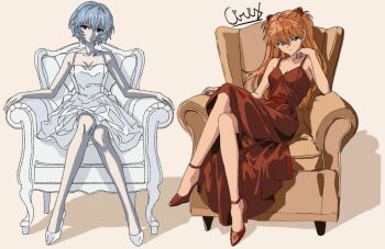 2girls ayanami_rei blue_eyes blue_hair closed_mouth collarbone commentary couch crossed_legs dress elbow_rest english_commentary full_body high_heels highres knees_together_feet_apart looking_at_viewer multiple_girls neon_genesis_evangelion on_couch red_dress red_eyes red_hair red_shoes riccardociriel3 shoes short_hair sleeveless sleeveless_dress smile souryuu_asuka_langley white_dress