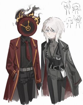 1girl 1other belt black_coat black_pants blue_eyes chinese_commentary clock coat coat_on_shoulders commentary_request dante_(limbus_company) dated_commentary faust_(project_moon) flaming_head grey_sweater highres id_card ivy_(675671) lapels limbus_company necktie notched_lapels pants project_moon red_coat red_necktie ribbed_sweater short_hair simple_background sweater white_background white_belt white_hair