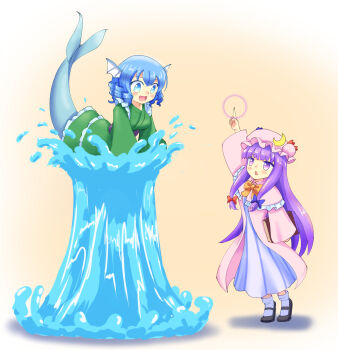 2girls black_shoes blue_bow blue_eyes blue_hair blush book bow bowtie capelet commentary_request crescent crescent_hat_ornament dress drill_hair drill_sidelocks fins frilled_kimono frills green_kimono hair_bow hat hat_ornament head_fins highres holding holding_book hydrokinesis japanese_clothes kimono long_hair long_sleeves mary_janes mermaid mob_cap monster_girl multiple_girls obi open_mouth patchouli_knowledge pink_capelet pink_dress pink_hat purple_eyes purple_hair red_bow sash shoes sidelocks smile socks striped_clothes striped_dress tiptoes touhou vertical-striped_clothes vertical-striped_dress very_long_hair wakasagihime water white_socks wide_sleeves yellow_bow yellow_bowtie yoruniwa